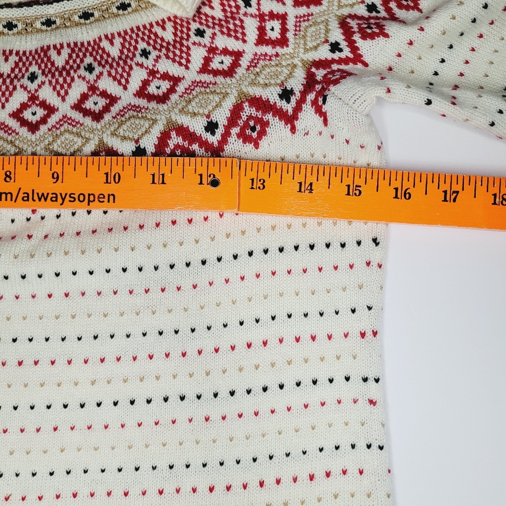 Talbots Diamond Fair Isle Nordic Sweater Fisherman Petite White Ivory Red Khaki - Picture 4 of 7